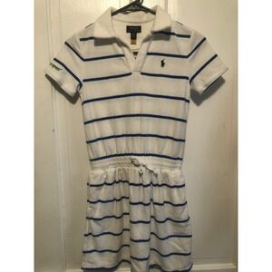 Polo Ralph Lauren US Open Terry Cloth Stripe Polo Dress White Blue girls M 8-10